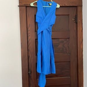 Blue Sleeveless Cotton Faux Wrap Dress